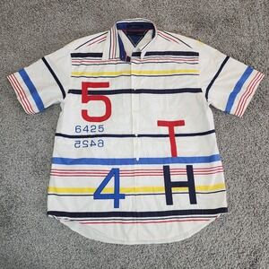 VTG Tommy Hilfiger Shirt Mens XL White Striped Short Sleeve Button Down Preppy‎